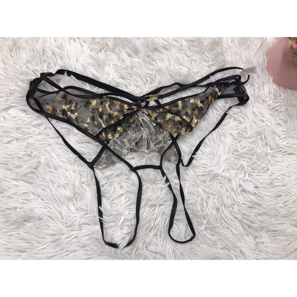 Victoria's Secret Lingerie Brazilian Thong Leopard Lace Strappy Crotchless L - Picture 2 of 6